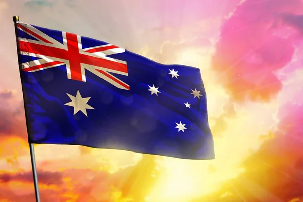 Ondeando Bandera Australia Sobre Hermoso Colorido Fondo Atardecer Amanecer Australia —  Fotos de Stock