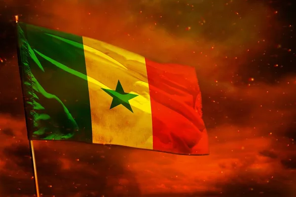 Powiewała Flaga Senegalu Crimson Czerwone Niebo Tle Filary Dymu Koncepcja — Zdjęcie stockowe
