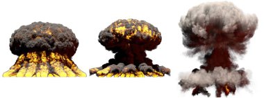 3 büyük farklı aşamalarında yangın mantar bulutu patlama hidrojen bombası duman ve alevler üzerinde patlama beyaz - 3d illüstrasyon izole ile