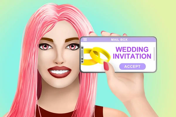 Concept Convite Casamento Ficou Online Sorrindo Agradável Menina Desenhada Fundo — Fotografia de Stock