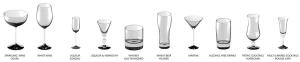 巨大的一套不同的鸡尾酒和葡萄酒和其他饮料隔离在白色 侧顶视图 喝的玻璃呈现3D — 图库照片