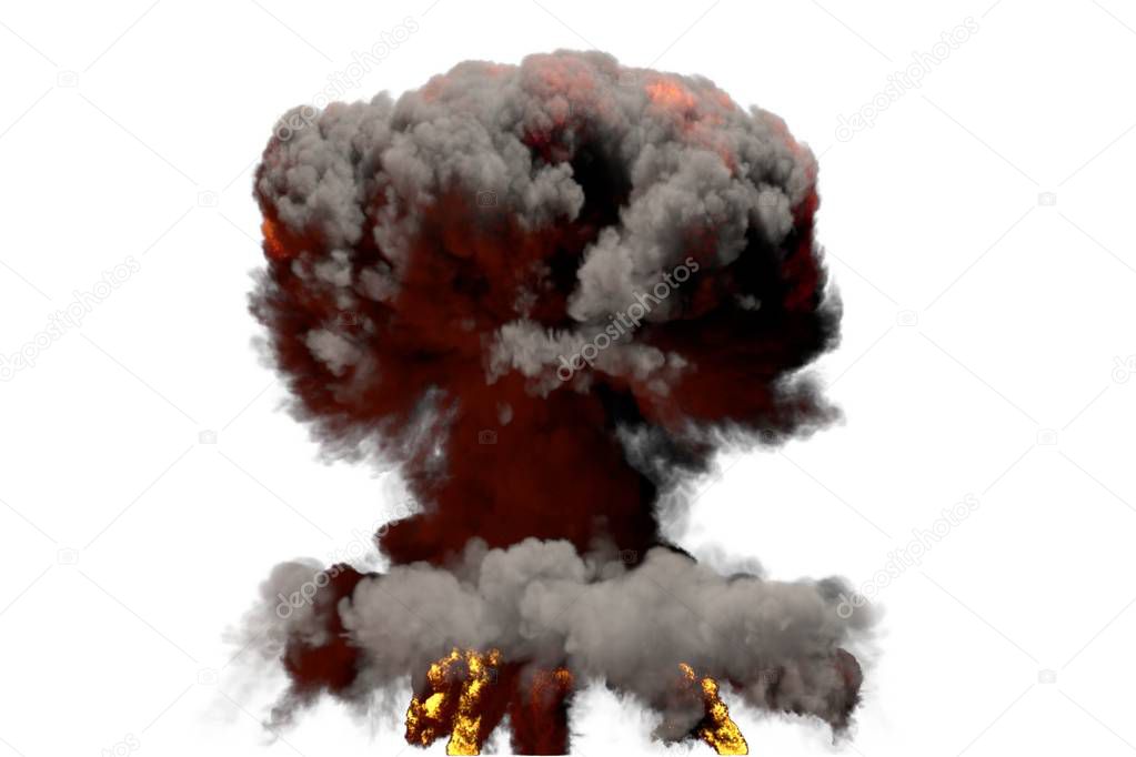 huge fire mushroom cloud explosion with smoke and flames - looks like atom bomb or any other big explosive isolated on white background - big blast 3D illustration