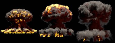3 büyük farklı aşamalarında hidrojen bombası duman ile mantar bulutu patlama ateş ve alevler siyah arka plan üzerine patlama - 3d illüstrasyon izole.