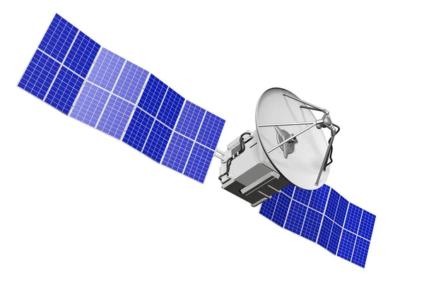Industrial illustration of orbital satellite with big solar panels isolated on clear white background - 3D Illustration
