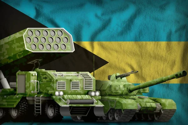 tank and missile launcher with summer pixel camouflage on the Bahamas flag background. Bahamas heavy military armored vehicles concept. 3d Illustration