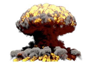big fire mushroom cloud explosion with smoke and flames - looks like fusion bomb or any other big explosive isolated on white background - big blast 3D illustration clipart