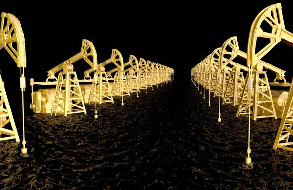 industrial illustration concept oil is the Black Gold, golden oil wells in the black oil sea - 3D illustration