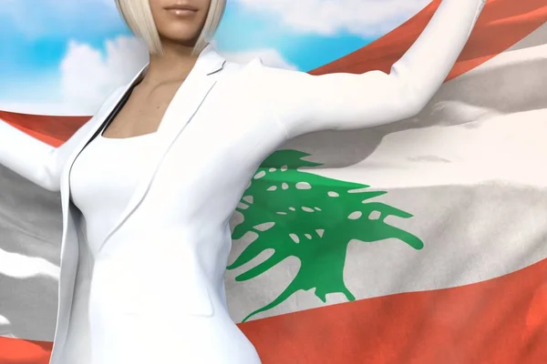 Hermosa Dama Negocios Está Sosteniendo Bandera Del Líbano Sus Manos — Foto de Stock