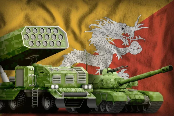 tank and rocket launcher with summer pixel camouflage on the Bhutan flag background. Bhutan heavy military armored vehicles concept. 3d Illustration