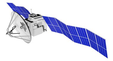 Uzay uydu sanayi şekil - uzay gemisi büyük güneş panelleri ile açık beyaz arka plan üzerinde - 3d illüstrasyon izole