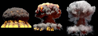 3 büyük farklı aşamalarında mantar bulutu patlama atom bombası dumanlı ateş ve alevler siyah arka plan üzerine patlama - 3d illüstrasyon izole.