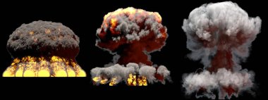 3 huge different phases fire mushroom cloud explosion of nuke bomb with smoke and flames isolated on black background - 3D illustration of explosion clipart