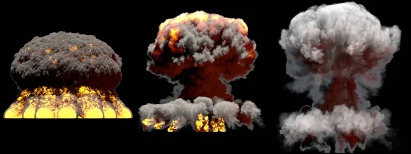 3巨大的不同阶段火蘑菇云爆炸的核弹炸弹与烟雾和火焰隔离在黑色背景 爆炸的3D — 图库照片