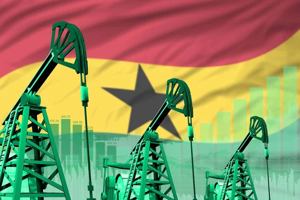 Ghana oil and petrol industry concept, industrial illustration on Ghana flag background. 3D Illustration