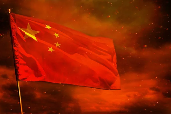 China Vlag Wapperen Crimson Red Sky Met Rook Pijlers Achtergrond — Stockfoto