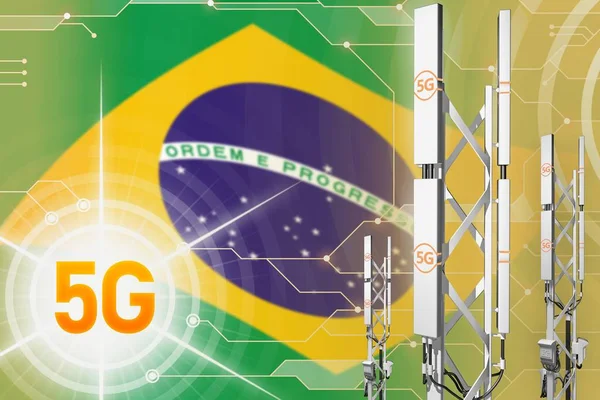 Brazil 5G network industrial illustration, huge cellular tower or mast on digital background with the flag - 3D Illustration