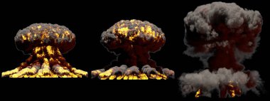 3 büyük farklı aşamalarında hidrojen bombası duman ile mantar bulutu patlama ateş ve alevler siyah arka plan üzerine patlama - 3d illüstrasyon izole.