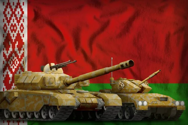 tanks with orange camouflage on the Belarus flag background. Belarus tank forces concept. 3d Illustration