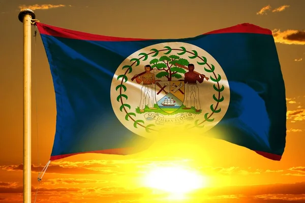 Belize Flag Weaving Beautiful Orange Sunset Background — Stock Photo, Image