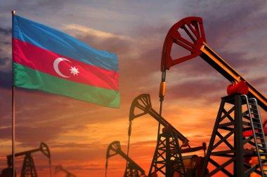 Azerbaycan petrol sanayi kavramı, endüstriyel illüstrasyon. Azerbaycan Bayrağı ve petrol kuyuları ve kırmızı ve mavi gündoğumu veya günbatımı gökyüzü - 3d resimde arka plan