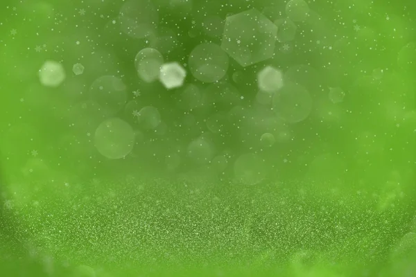 Verde Fantástico Brilhante Abstrato Fundo Brilho Luzes Queda Flocos Neve — Fotografia de Stock