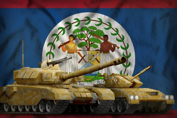 Tanques Com Camuflagem Laranja Fundo Bandeira Belize Belize Tanque Força — Fotografia de Stock