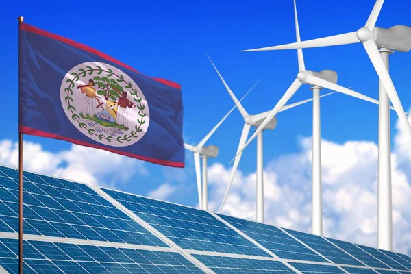 Belize solar and wind energy, renewable energy concept with windmills - renewable energy against global warming - industrial illustration, 3D illustration