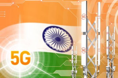 Hindistan 5g endüstriyel illüstrasyon, büyük hücresel ağ direği veya kule üzerinde yüksek teknoloji arka plan bayrak ile - 3d çizim