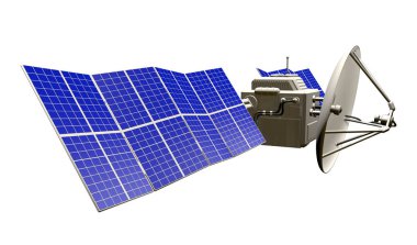 Uzay uydu üzerinde beyaz - 3d illüstrasyon izole büyük güneş elektrik panelleri ile endüstriyel çizimi