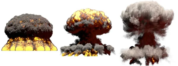 Ilustración 3D de la explosión - 3 grandes fases diferentes fuego nube de hongos explosión de bomba nuclear con humo y llama aislado en blanco — Foto de Stock