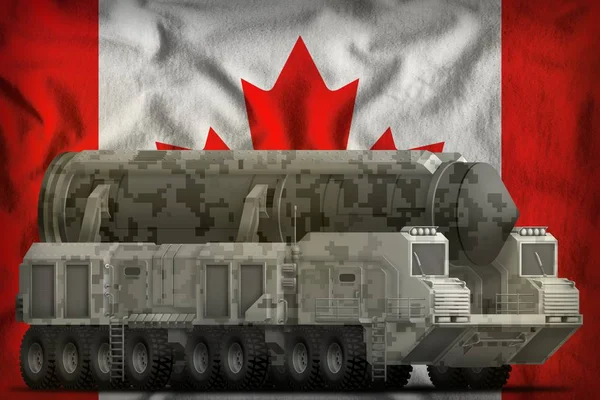 洲际弹道导弹与城市伪装在加拿大国旗背景。3d 插图 — 图库照片