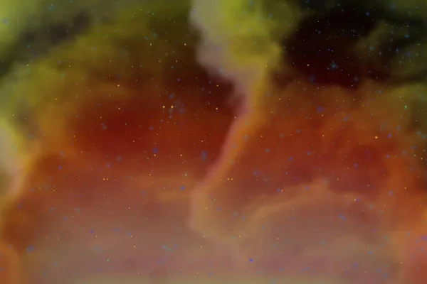 Streszczenie dynamiczny fantazja, żółtym tle kolorowe miejsca i gwiazdek z iskry i chmury — Zdjęcie stockowe
