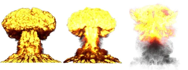 3D ілюстрація вибуху - 3 великі високодеталізовані різні фази грибної хмари вибух ядерної бомби з димом і вогнем ізольовані на білому — стокове фото