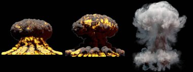 Açılım - 3D çizimi 3 büyük farklı aşamalarında ateş mantar bulut duman ve alev siyah arka plan üzerine izole ile süper bomba patlama