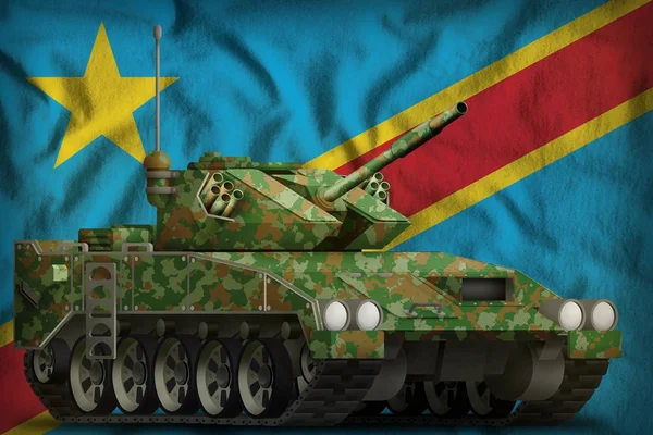 Lichte tank apc met zomer camouflage op de achtergrond van de nationale vlag van Congo-Kinshasa. 3D illustratie — Stockfoto