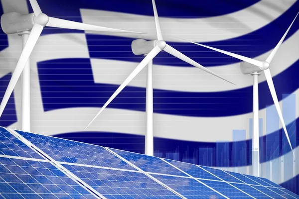 Greece solar and wind energy digital graph concept - modern natural energy industrial illustration. 3D Illustration