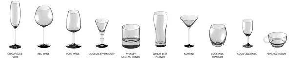 3D illustratie van enorme set van diverse glazen voor wijn, cocktails en andere dranken geïsoleerd op witte, kant-top view - glas drinken renderen — Stockfoto