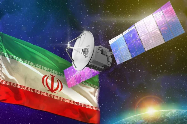 Concepto de tecnología de comunicaciones espaciales - satélite con bandera de Irán, Ilustración 3D — Foto de Stock