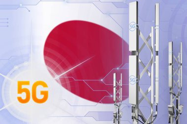 5 g endüstriyel illüstrasyon, büyük hücresel ağ direği Japonya veya bayrağı ile modern arka plan üzerinde - 3d çizim kule