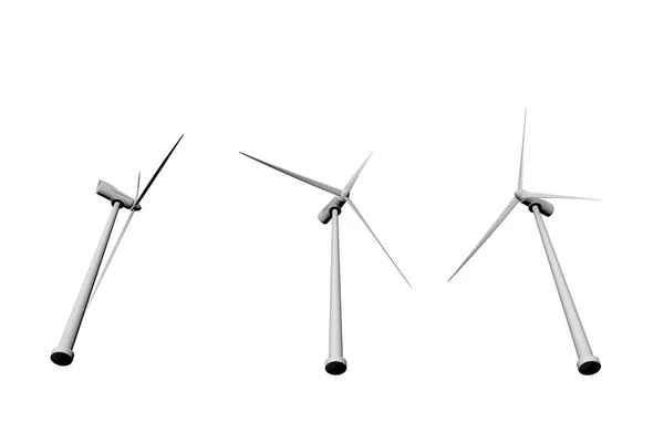 A szél ereje ipari ábra 3 szél turbina nézet alsó elszigetelt fehér háttér, 3D-s illusztráció — Stock Fotó