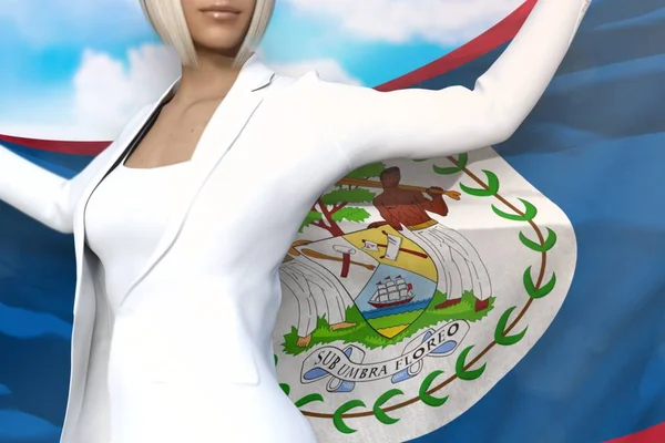 Wanita bisnis yang cantik memegang bendera Belize di tangan di belakang punggungnya di latar belakang langit biru konsep 3d ilustrasi — Stok Foto