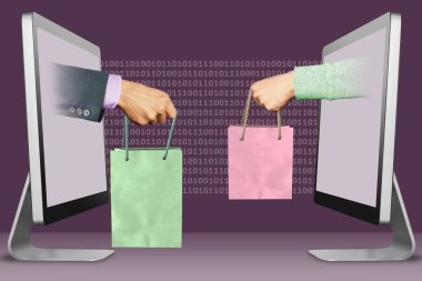 Web kavramı, iki dizüstü bilgisayarlar eller. alışveriş çantası ile el ve alışveriş çantası ile el. 3D çizim