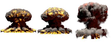 Açılım - 3D çizimi 3 büyük farklı aşamalarında ateş füzyon bombası duman ve alev üzerinde beyaz izole ile mantar bulutu patlama