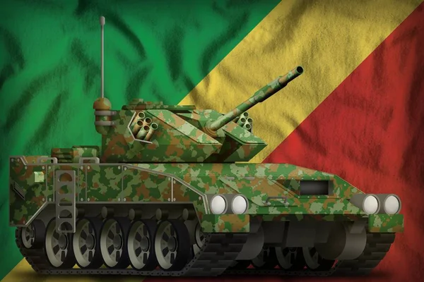 Tanque leve apc com camuflagem de verão no fundo da bandeira nacional do Congo. Ilustração 3d — Fotografia de Stock