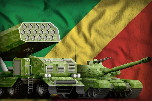 Congo pesado conceito de veículos blindados militares no fundo da bandeira nacional. Ilustração 3d — Fotografia de Stock