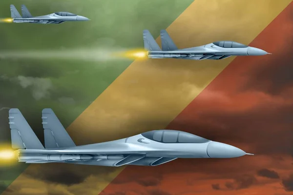 Siły powietrzne Kongo strike pojęcie. Powietrza samoloty ataku na tle Flaga Konga. ilustracja 3D — Zdjęcie stockowe