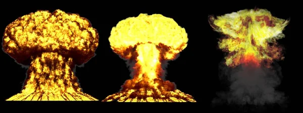 3D obrázek výbuchu - 3 velké vysoké podrobné různé fáze hub cloud explozi termonukleární puma s kouř a oheň izolované na černé — Stock fotografie