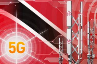 Trinidad ve Tobago 5g endüstriyel illüstrasyon, büyük hücresel ağ direği veya kule üzerinde yüksek teknoloji arka plan bayrak ile - 3d çizim