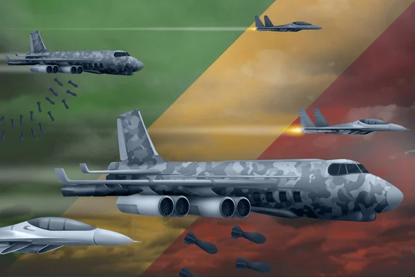 Die kongolesische Luftwaffe bombardiert das Angriffskonzept. Flugzeuge der kongolesischen Armee werfen Bomben auf Flaggenhintergrund ab. 3D-Illustration — Stockfoto