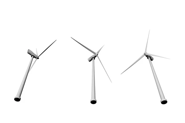 3风车看法从被隔绝的底部在白色背景-风电工业例证, 3d 例证 — 图库照片